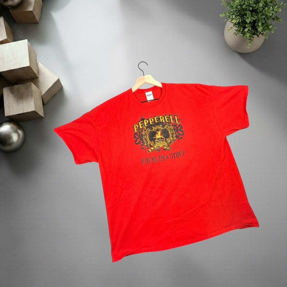 Vintage Pepperell Dragons Faculty Staff Red Graphic T-Shirt Gildan 2XL Y2K Boxy